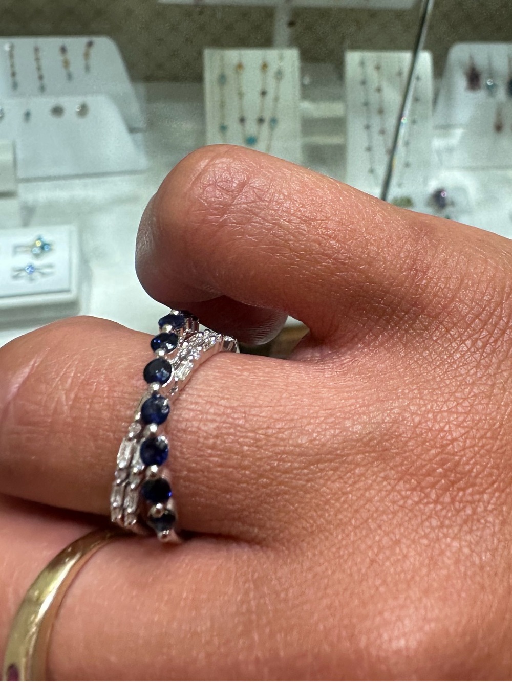 14K White gold Sapphire and natural diamonds cross over ring - Women Jewelry